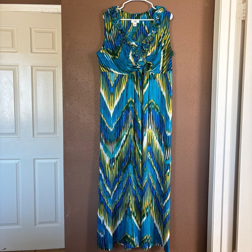 Cato Woman Blue Yellow Chevron Ikat Ruffle V-Neck Maxi Dress Plus Size 18/20W